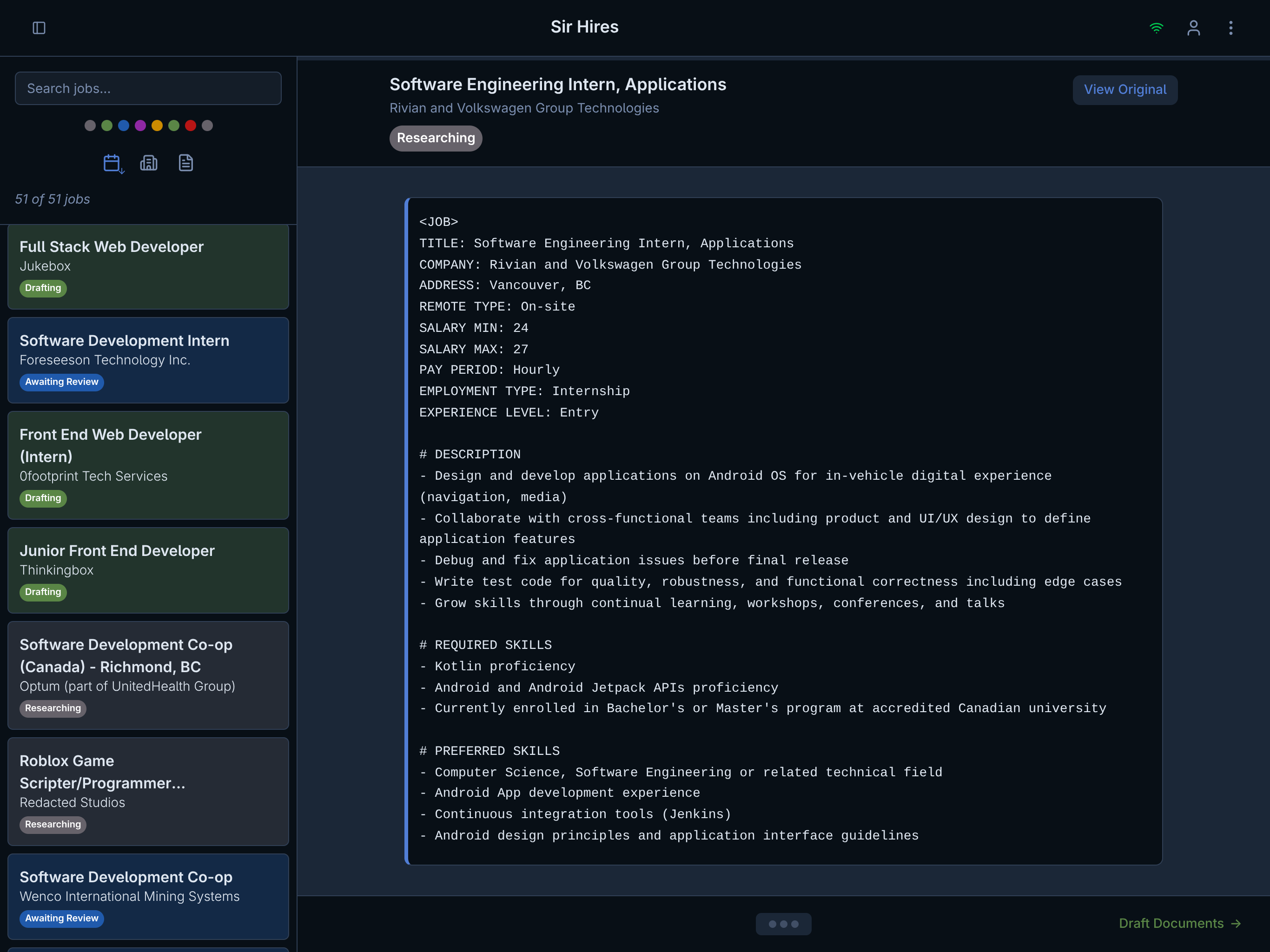 Sir Hires browser extension interface